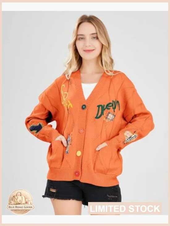 Chunky Knit Cardigan V-Neck Open Front Embroidery Loose Fit Y2K Chic - Picture 2 of 7